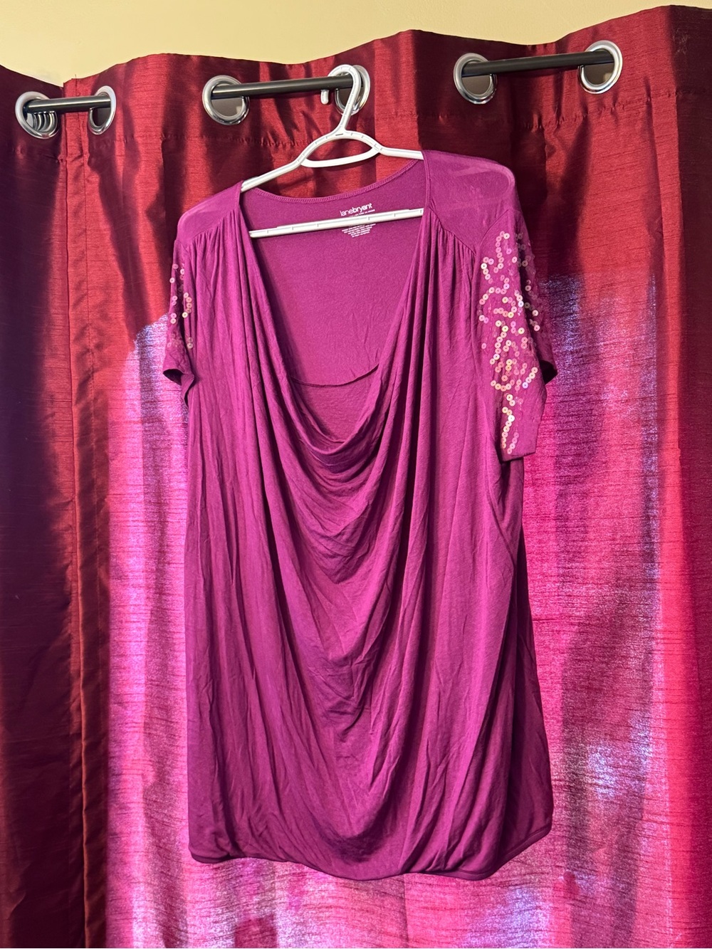 Lane Bryant Fuchsia Draped Front Tunic with Sequin Short Sleeves